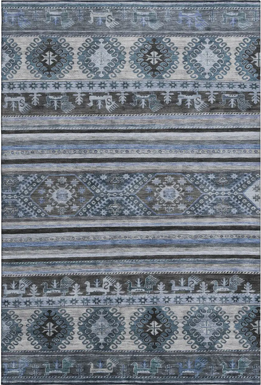 Blue Ivory And Gray Medallion Washable Area Rug With UV Protection Photo 1