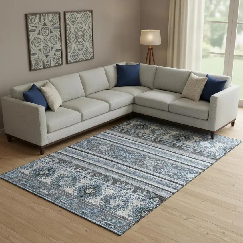 Blue Ivory And Gray Medallion Washable Area Rug With UV Protection Photo 2