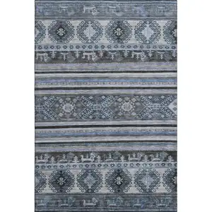 Photo of Blue Ivory And Gray Medallion Washable Area Rug With UV Protection