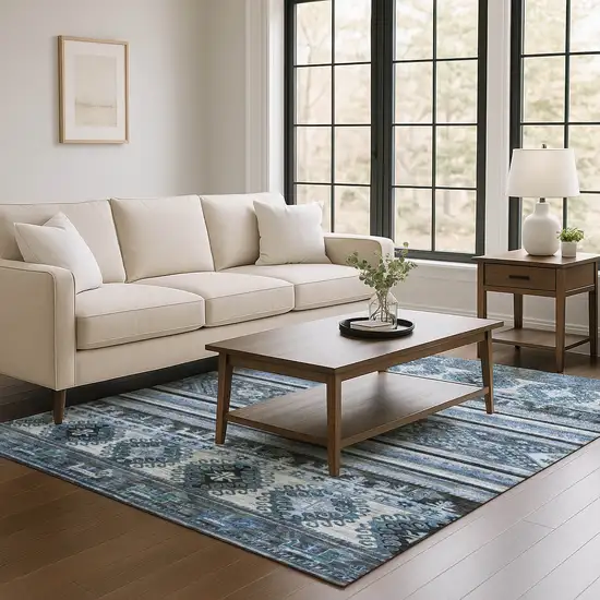 Blue Ivory And Gray Medallion Washable Area Rug With UV Protection Photo 4