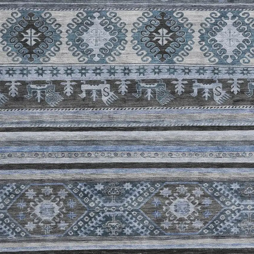 Blue Ivory And Gray Medallion Washable Area Rug With UV Protection Photo 2