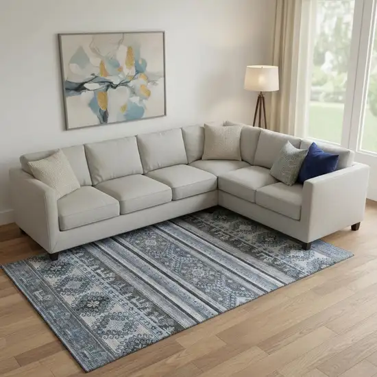 Blue Ivory And Gray Medallion Washable Area Rug With UV Protection Photo 2