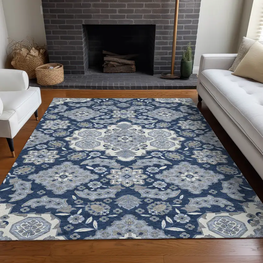 Blue Ivory And Gray Medallion Washable Indoor Outdoor Area Rug Photo 7