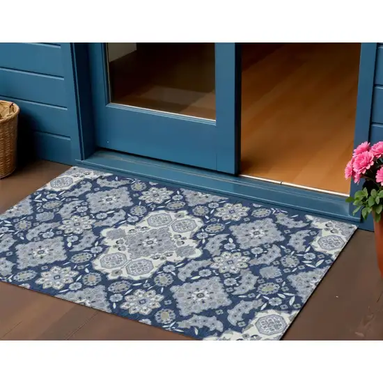 Blue Ivory And Gray Medallion Washable Indoor Outdoor Area Rug Photo 2