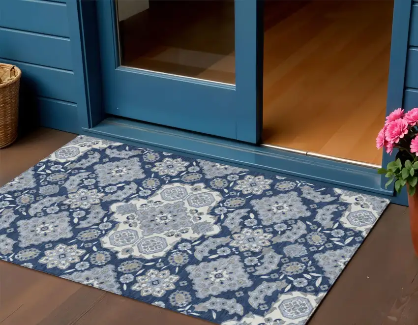 Blue Ivory And Gray Medallion Washable Indoor Outdoor Area Rug Photo 2