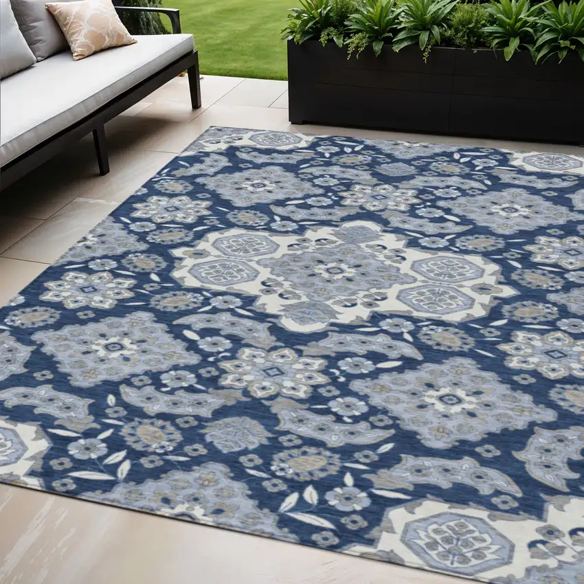 Blue Ivory And Gray Medallion Washable Indoor Outdoor Area Rug Photo 2