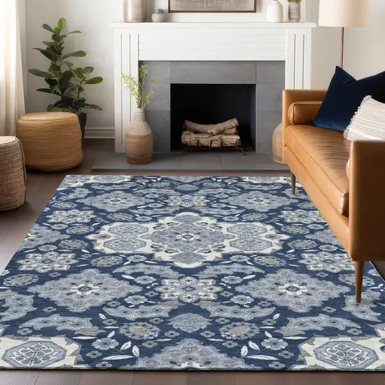 Blue Ivory And Gray Medallion Washable Indoor Outdoor Area Rug Photo 6