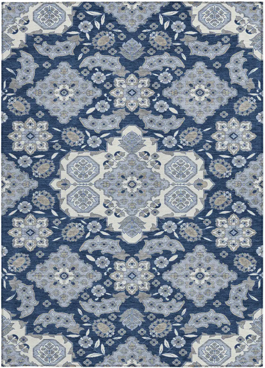 Blue Ivory And Gray Medallion Washable Indoor Outdoor Area Rug Photo 3