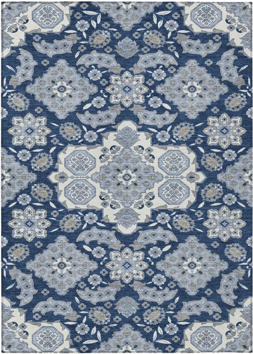Blue Ivory And Gray Medallion Washable Indoor Outdoor Area Rug Photo 1