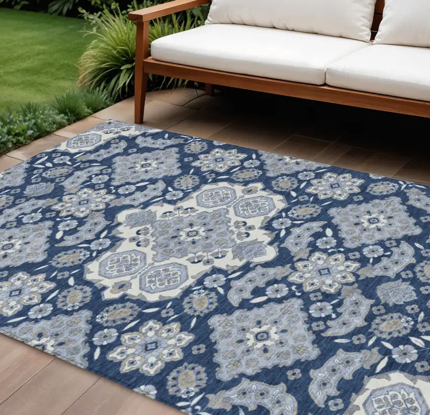 Blue Ivory And Gray Medallion Washable Indoor Outdoor Area Rug Photo 2