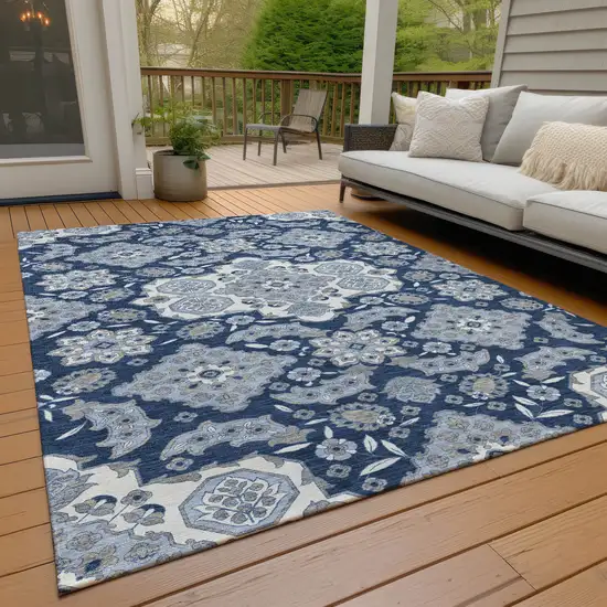Blue Ivory And Gray Medallion Washable Indoor Outdoor Area Rug Photo 8