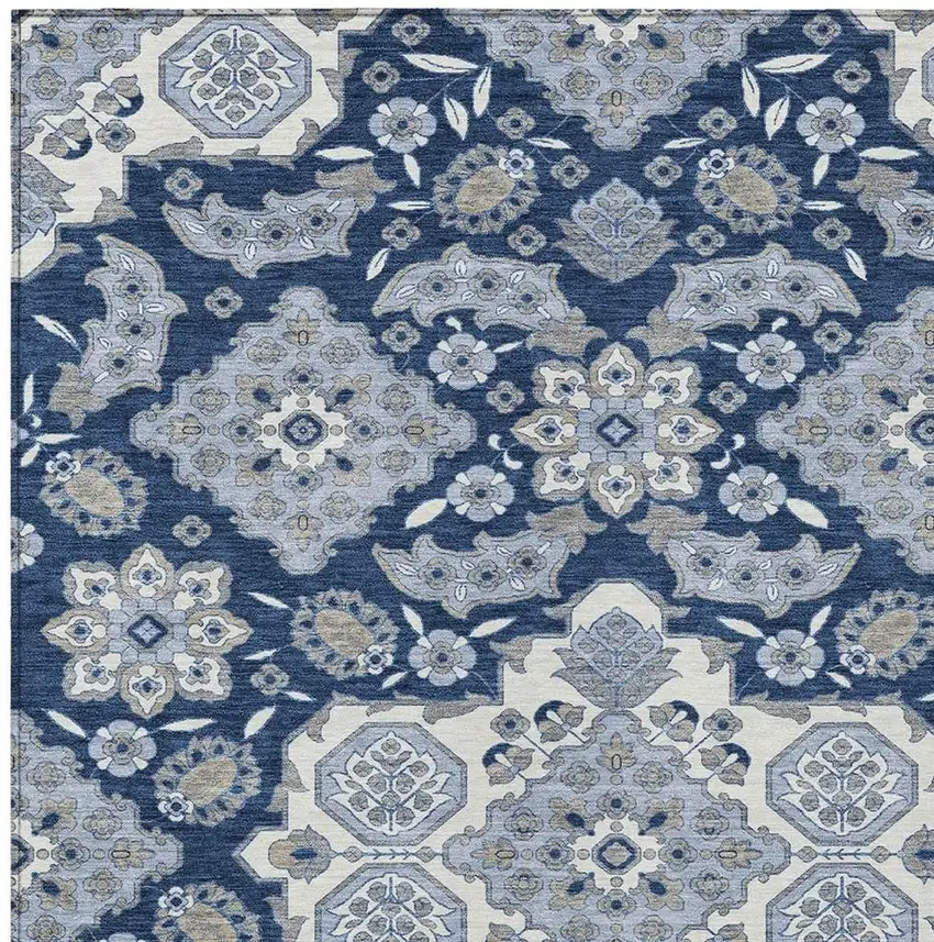 Blue Ivory And Gray Medallion Washable Indoor Outdoor Area Rug Photo 3