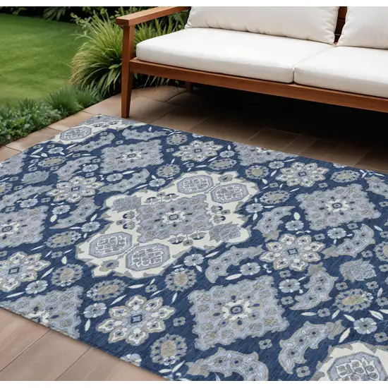 Blue Ivory And Gray Medallion Washable Indoor Outdoor Area Rug Photo 2