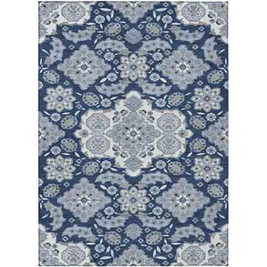 Photo of Blue Ivory And Gray Medallion Washable Indoor Outdoor Area Rug