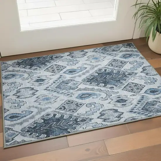 Blue Ivory And Gray Moroccan Washable Area Rug With UV Protection Photo 2