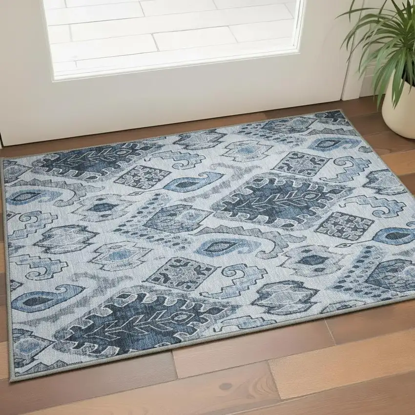 Blue Ivory And Gray Moroccan Washable Area Rug With UV Protection Photo 2