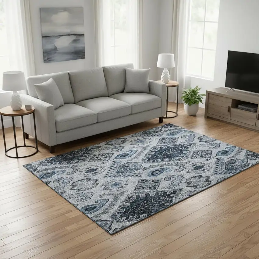 Blue Ivory And Gray Moroccan Washable Area Rug With UV Protection Photo 2