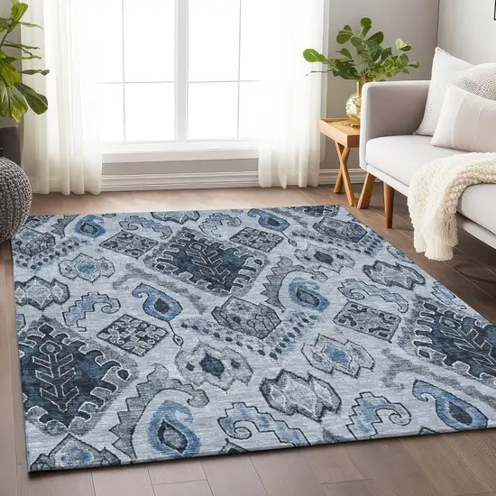 Blue Ivory And Gray Moroccan Washable Area Rug With UV Protection Photo 6
