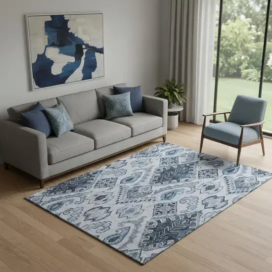 Blue Ivory And Gray Moroccan Washable Area Rug With UV Protection Photo 1