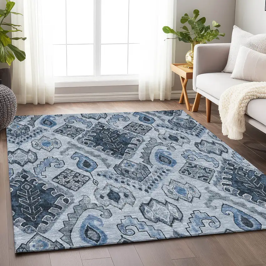 Blue Ivory And Gray Moroccan Washable Area Rug With UV Protection Photo 6