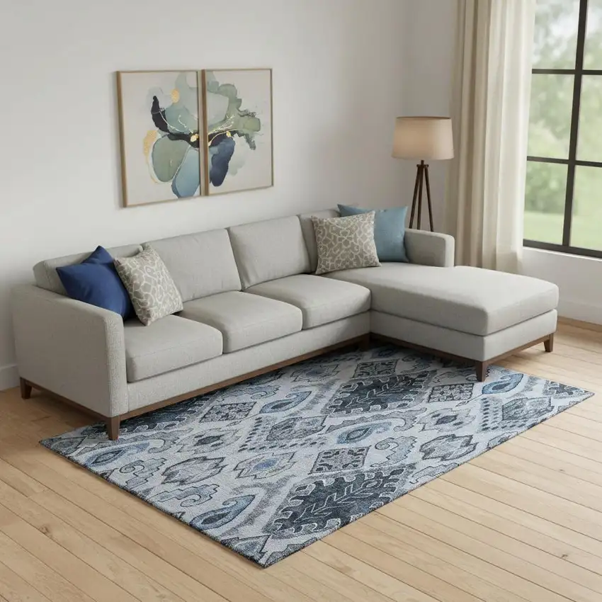 Blue Ivory And Gray Moroccan Washable Area Rug With UV Protection Photo 1