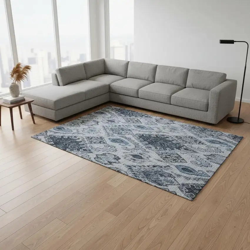 Blue Ivory And Gray Moroccan Washable Area Rug With UV Protection Photo 2