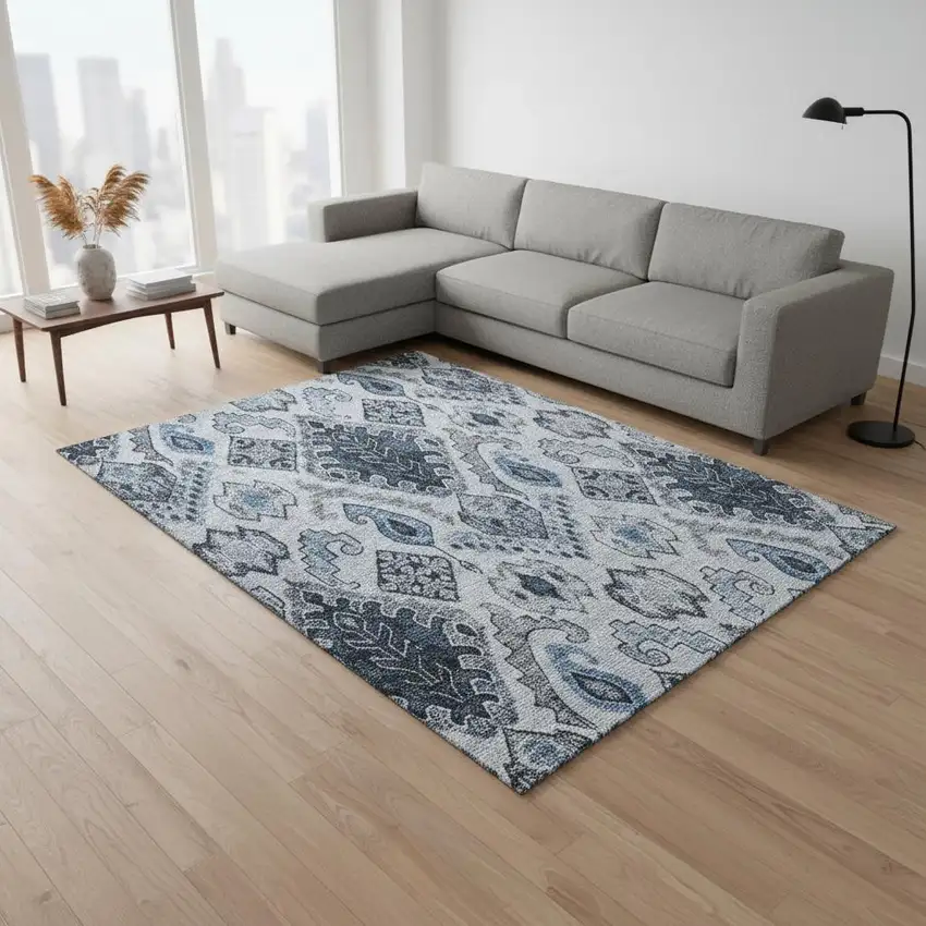 Blue Ivory And Gray Moroccan Washable Area Rug With UV Protection Photo 2