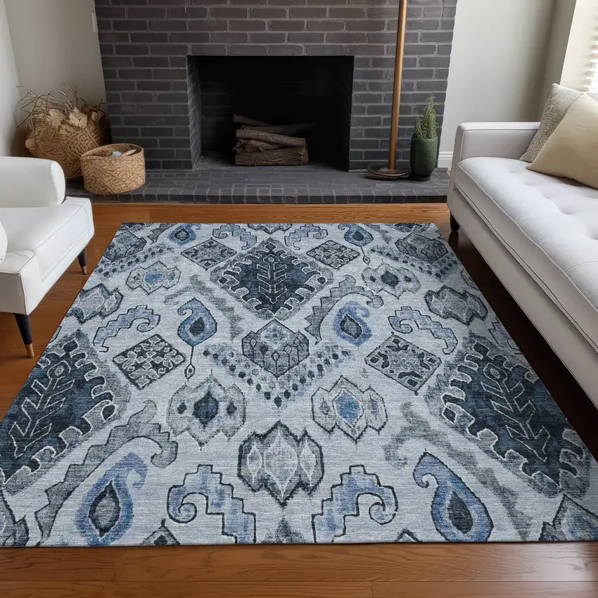 Blue Ivory And Gray Moroccan Washable Area Rug With UV Protection Photo 5
