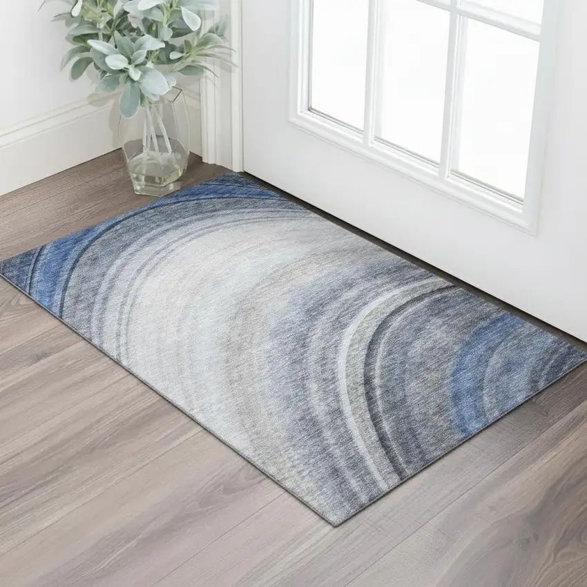 Blue Ivory And Gray Ombre Washable Area Rug With UV Protection Photo 1