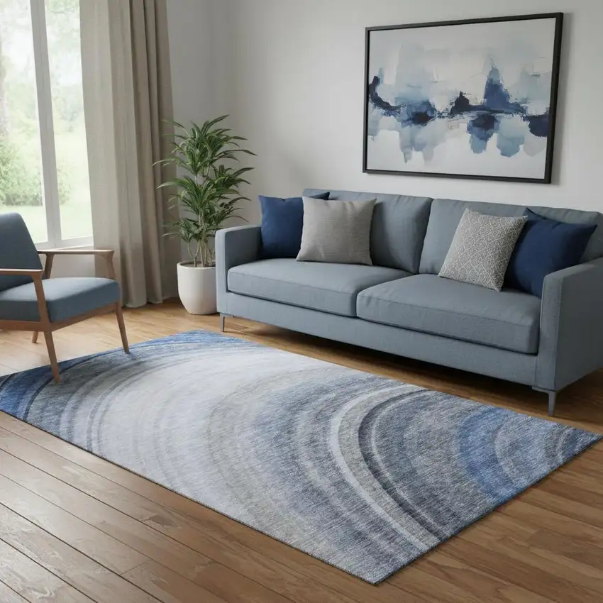 Blue Ivory And Gray Ombre Washable Area Rug With UV Protection Photo 1