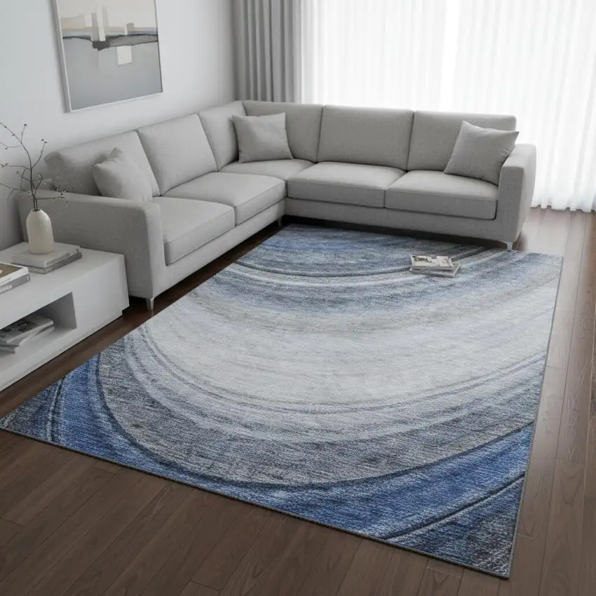 Blue Ivory And Gray Ombre Washable Area Rug With UV Protection Photo 2