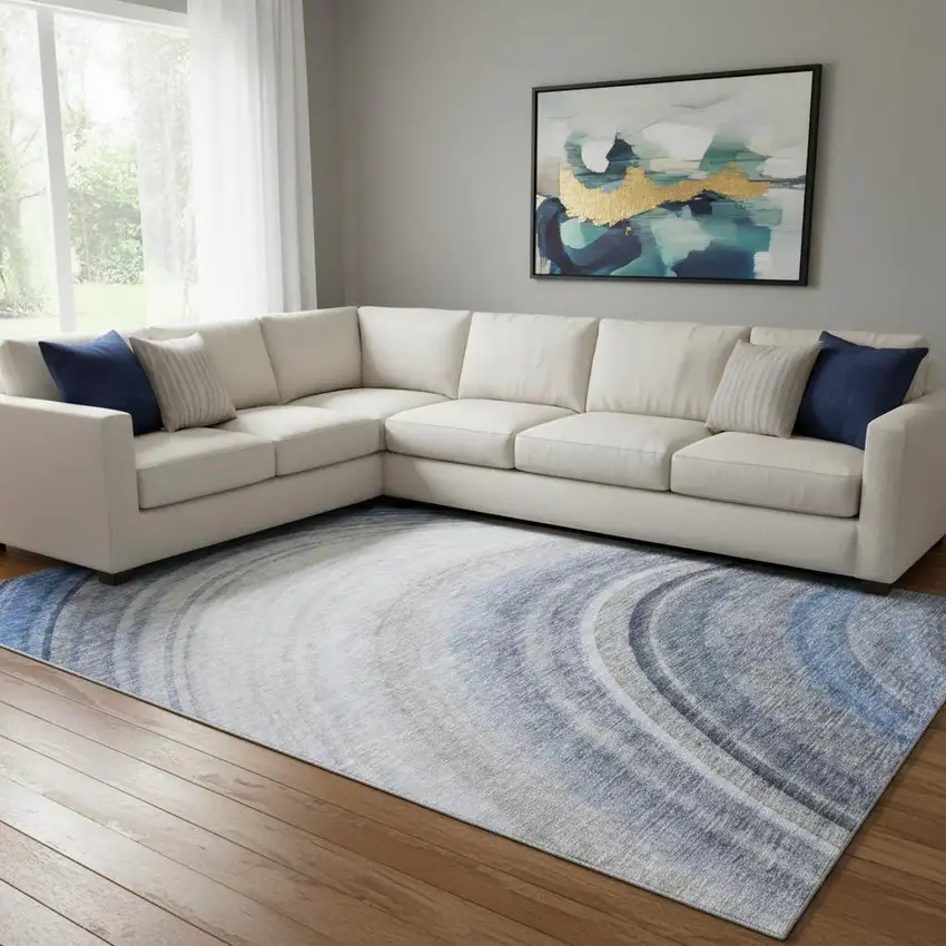 Blue Ivory And Gray Ombre Washable Area Rug With UV Protection Photo 1