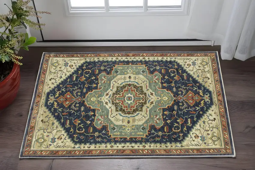 Blue Ivory And Gray Oriental Area Rug With Fringe Photo 1