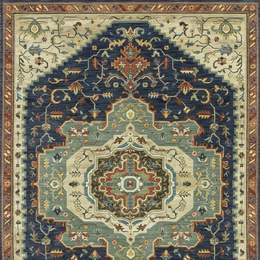 Blue Ivory And Gray Oriental Area Rug With Fringe Photo 5
