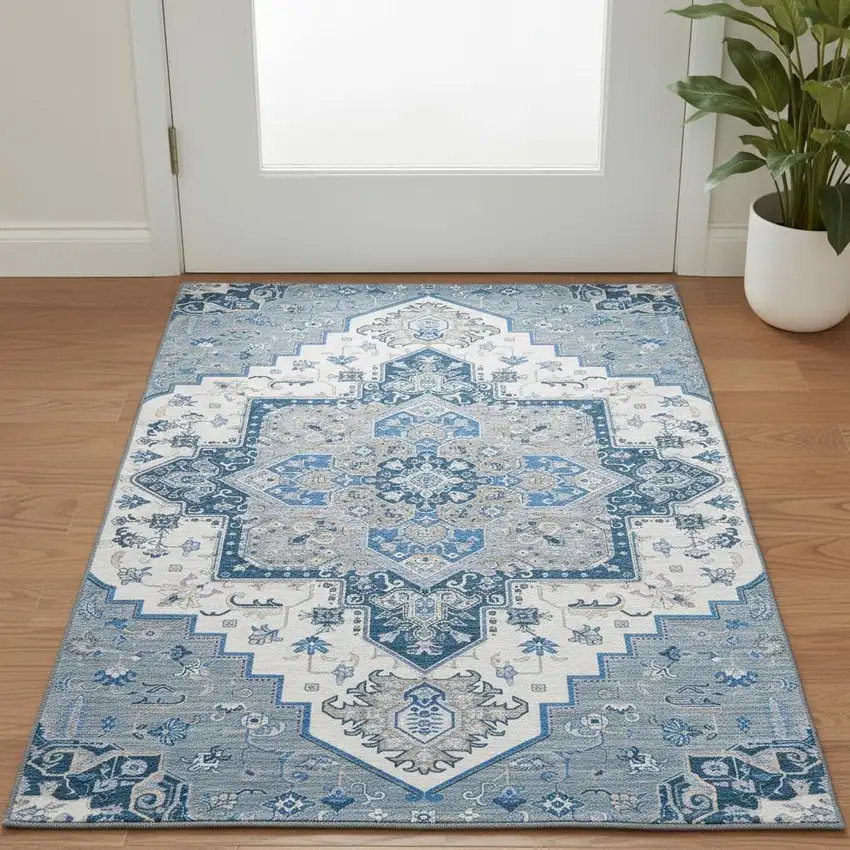 Blue Ivory And Gray Oriental Washable Area Rug With UV Protection Photo 2