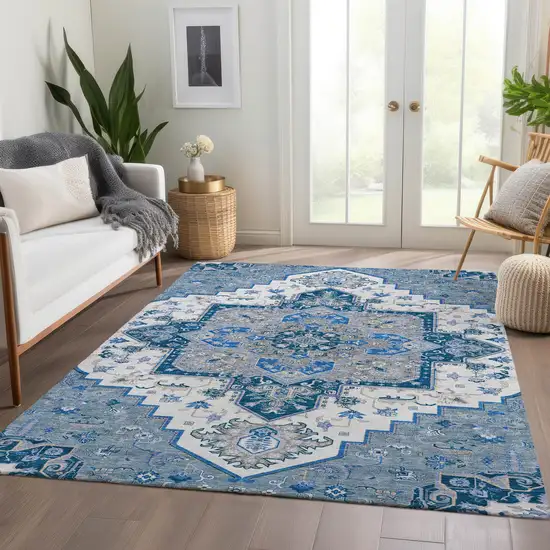 Blue Ivory And Gray Oriental Washable Area Rug With UV Protection Photo 5