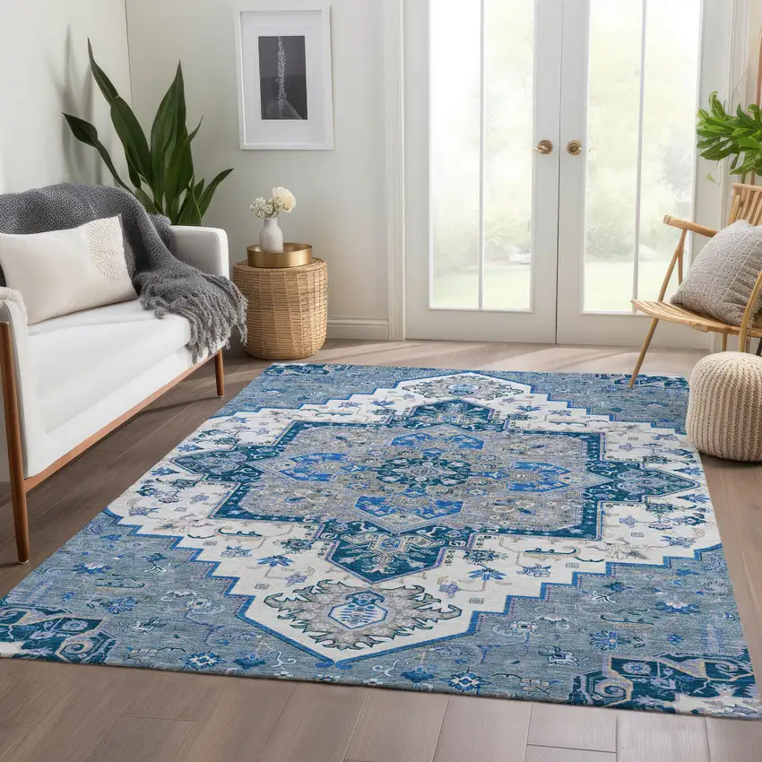 Blue Ivory And Gray Oriental Washable Area Rug With UV Protection Photo 5