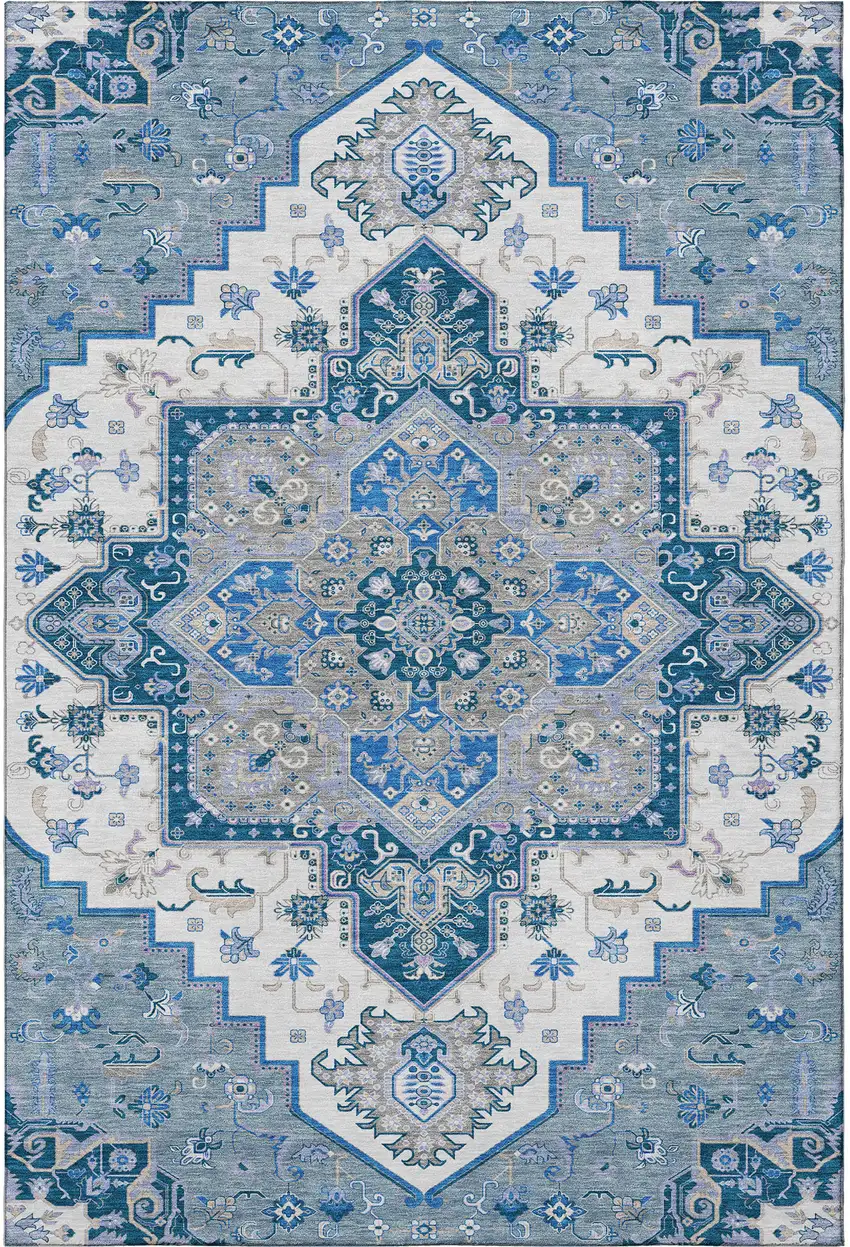 Blue Ivory And Gray Oriental Washable Area Rug With UV Protection Photo 3