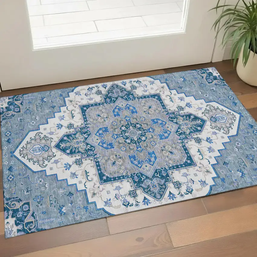 Blue Ivory And Gray Oriental Washable Area Rug With UV Protection Photo 1