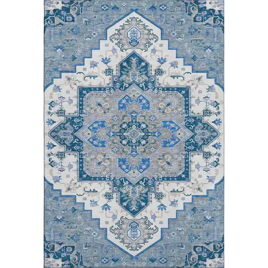 Blue Ivory And Gray Oriental Washable Area Rug With UV Protection Photo 1