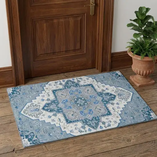 Blue Ivory And Gray Oriental Washable Area Rug With UV Protection Photo 1