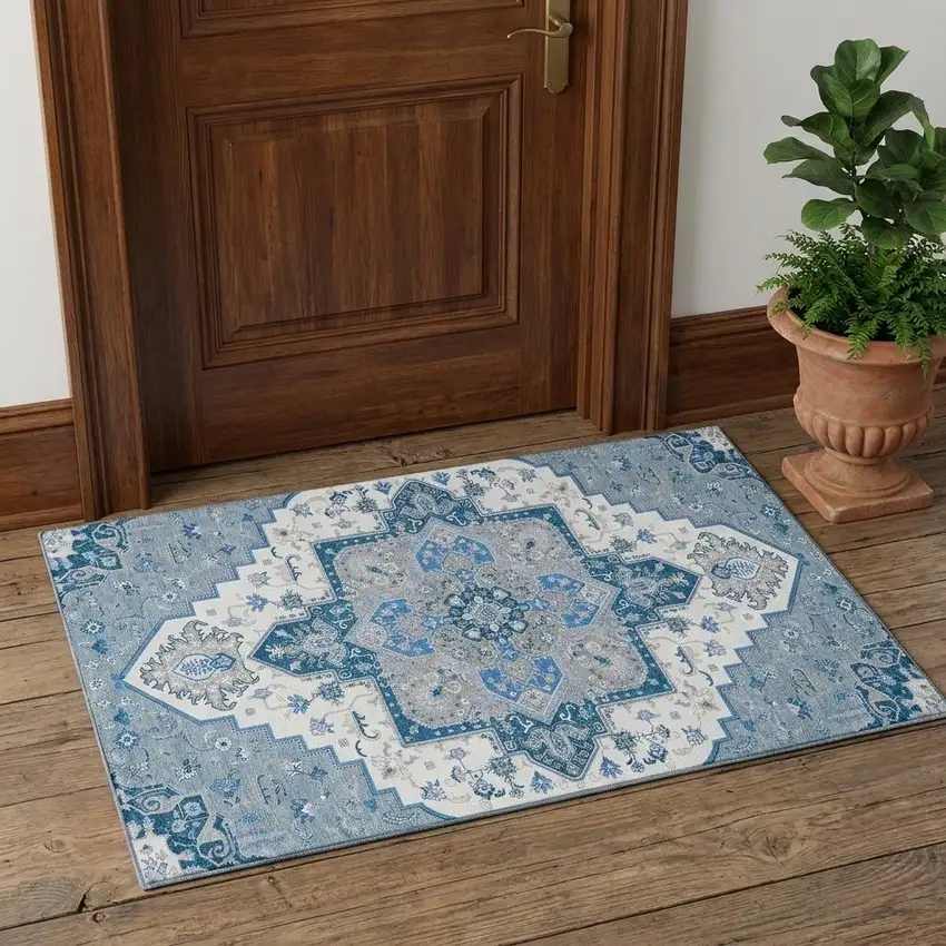 Blue Ivory And Gray Oriental Washable Area Rug With UV Protection Photo 1