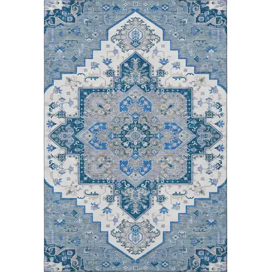Blue Ivory And Gray Oriental Washable Area Rug With UV Protection Photo 3