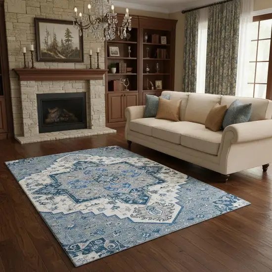Blue Ivory And Gray Oriental Washable Area Rug With UV Protection Photo 2