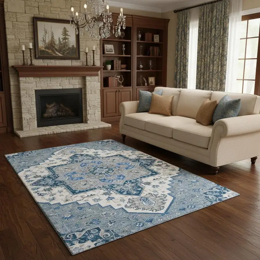 Blue Ivory And Gray Oriental Washable Area Rug With UV Protection Photo 2
