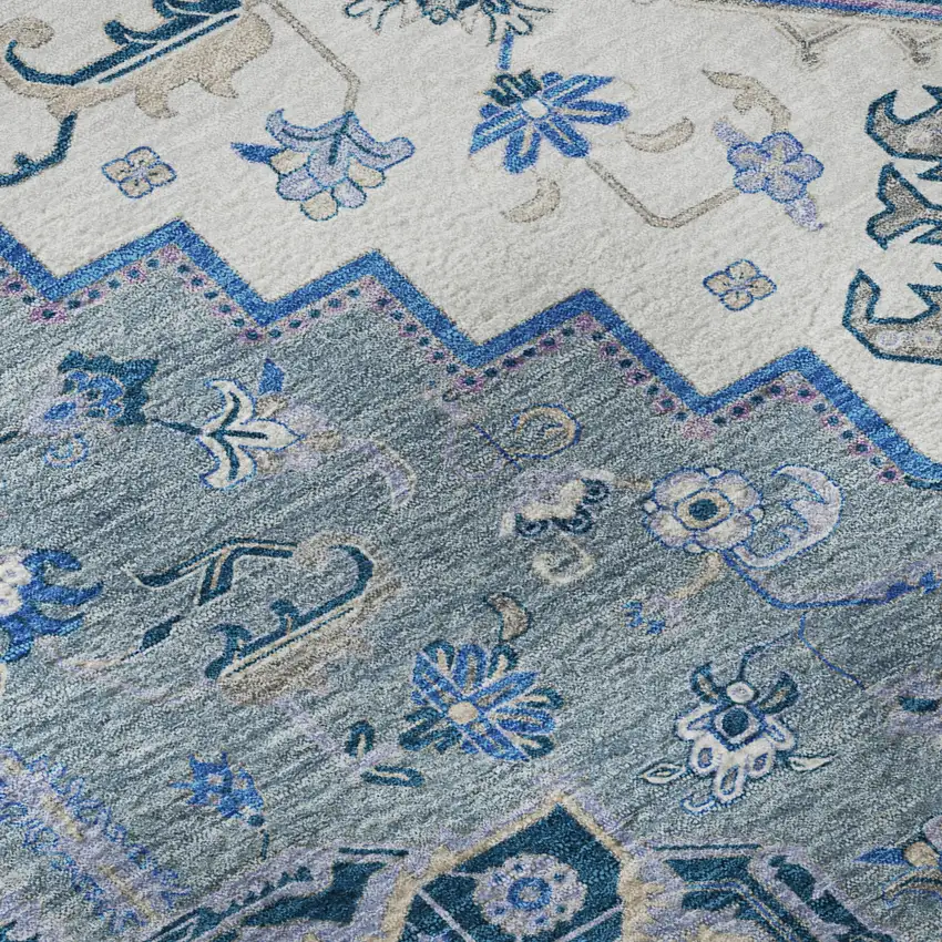 Blue Ivory And Gray Oriental Washable Area Rug With UV Protection Photo 9