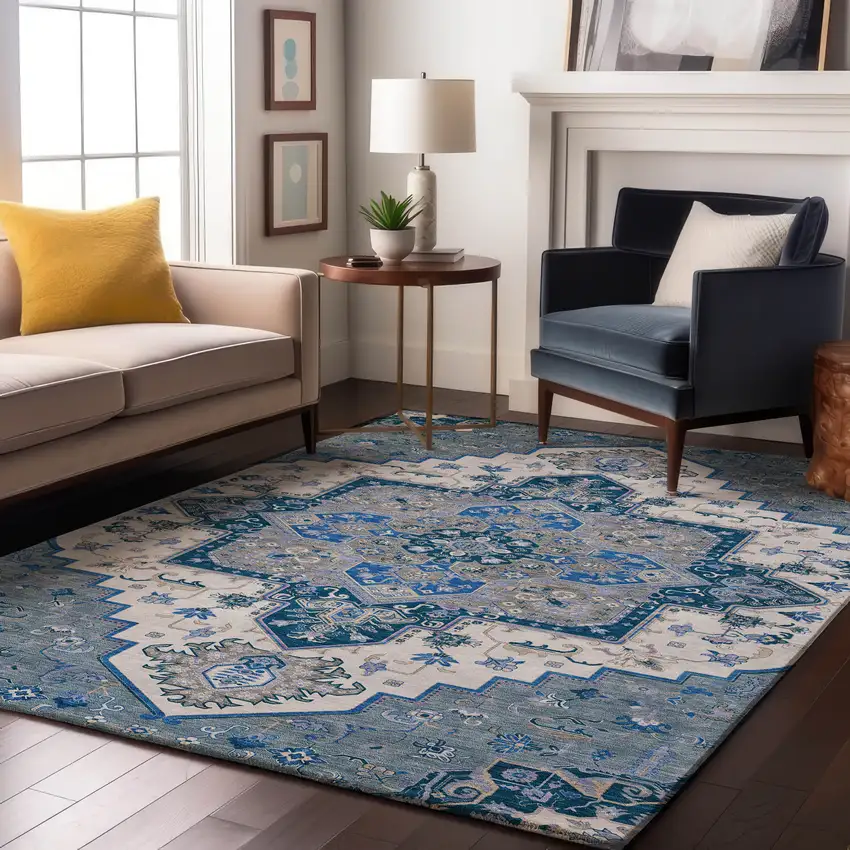 Blue Ivory And Gray Oriental Washable Area Rug With UV Protection Photo 4