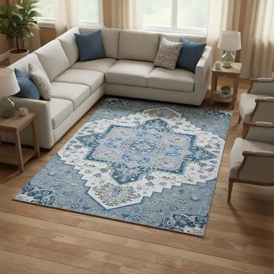 Blue Ivory And Gray Oriental Washable Area Rug With UV Protection Photo 2