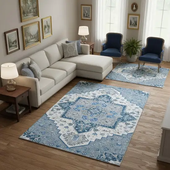 Blue Ivory And Gray Oriental Washable Area Rug With UV Protection Photo 2