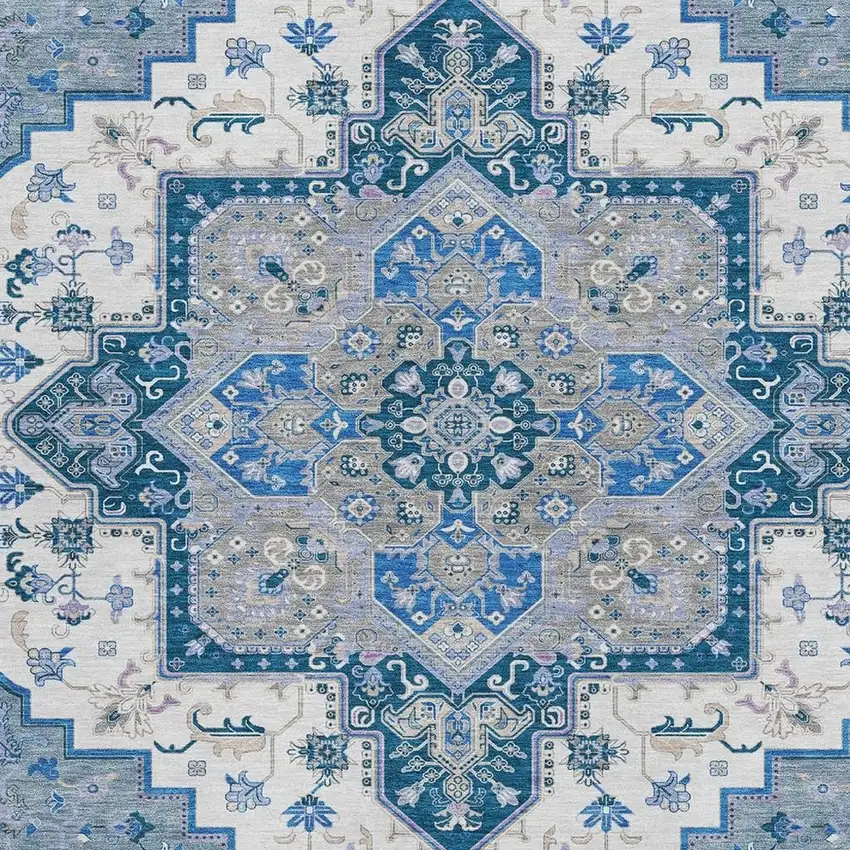 Blue Ivory And Gray Oriental Washable Area Rug With UV Protection Photo 3